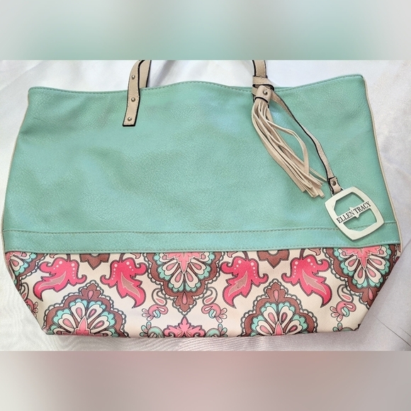 Ellen Tracy Faux Leather Tote Shoulder Bag Purse Turquoise With Floral Trim - Picture 3 of 13